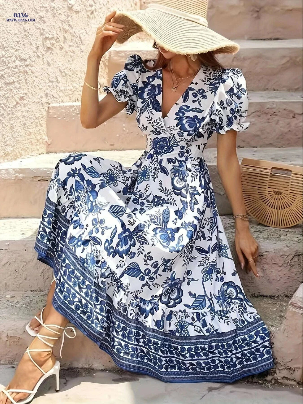 Elegant Floral Print A-Line Dress - Short Sleeve Midi Dress   OAXG Multicolor / S
