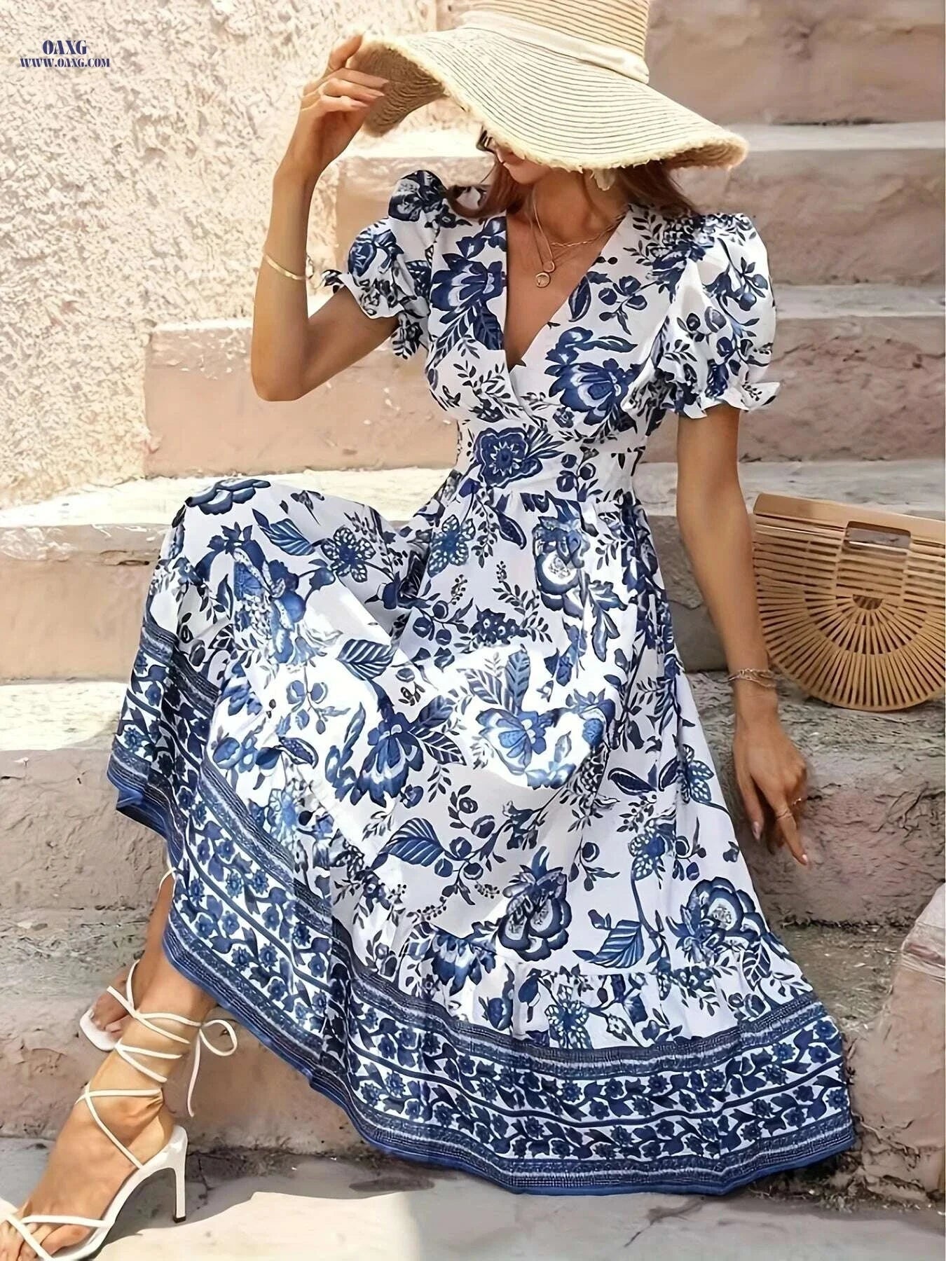 Elegant Floral Print A-Line Dress - Short Sleeve Midi Dress   OAXG Multicolor / S