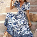 Elegant Floral Print A-Line Dress - Short Sleeve Midi Dress   OAXG 
