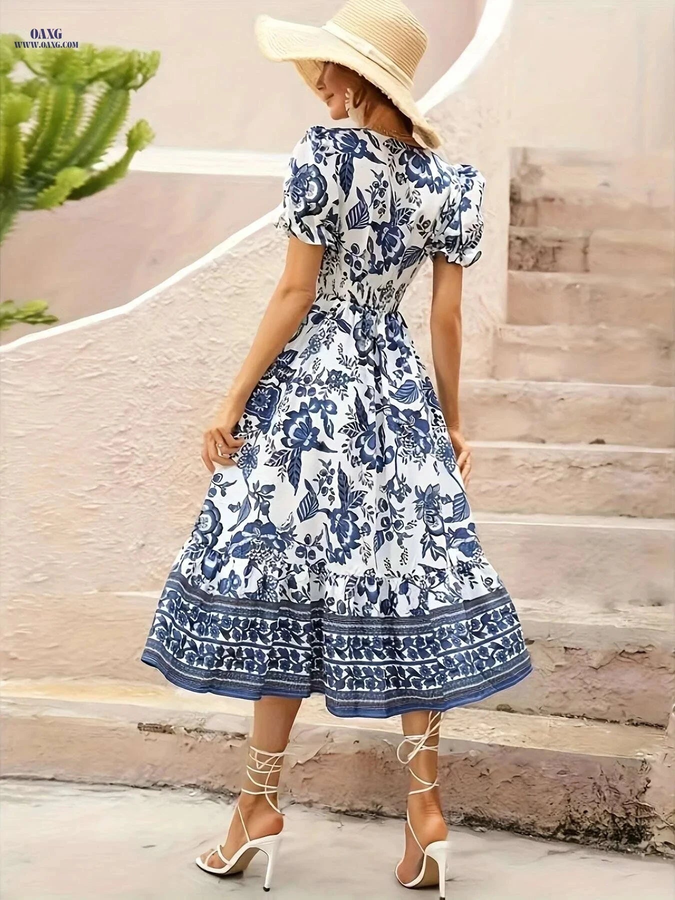 Elegant Floral Print A-Line Dress - Short Sleeve Midi Dress   OAXG 