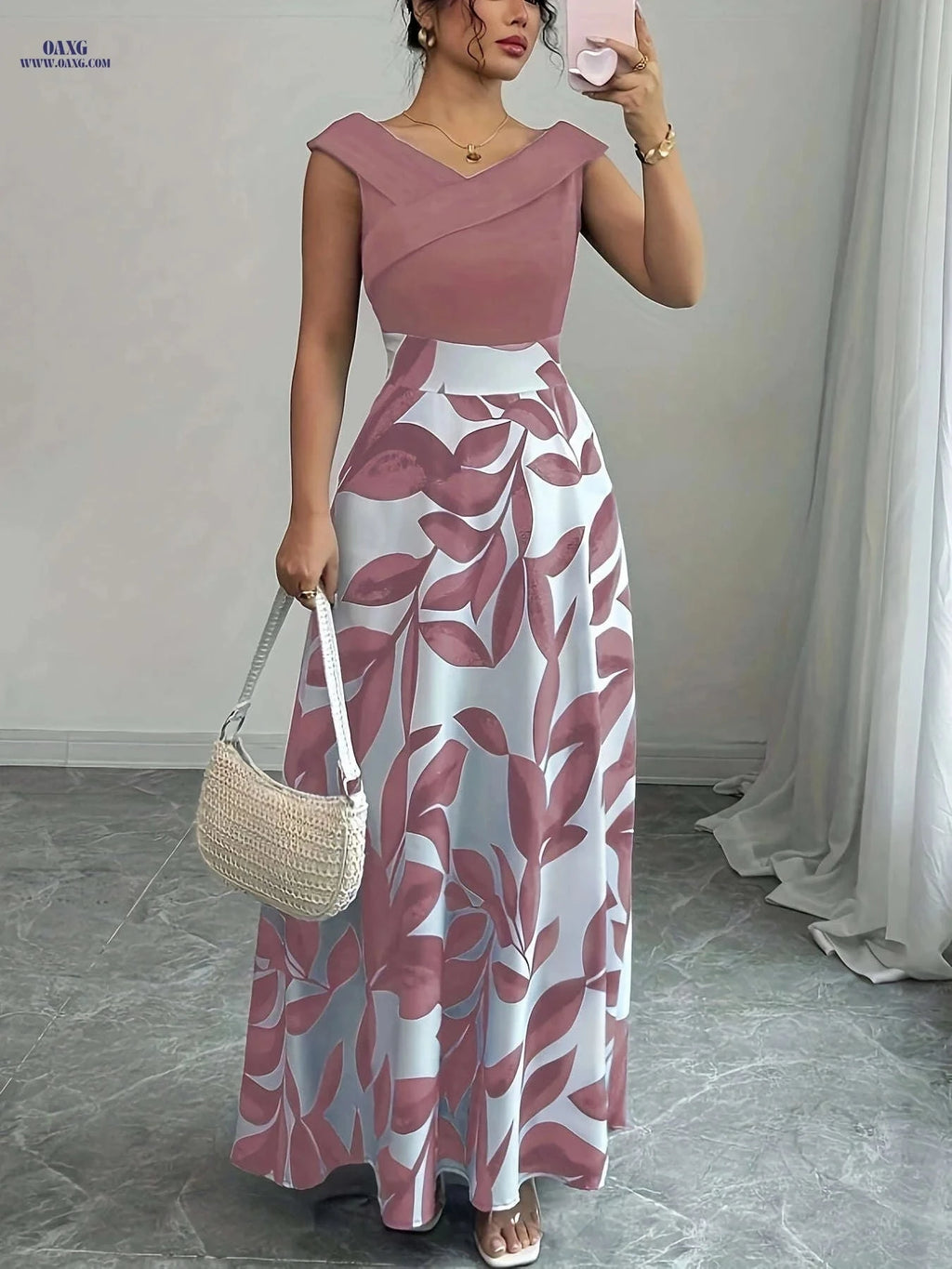 Elegant Floral Print A-Line Maxi Dress with Pockets for Summer   OAXG Blue / S