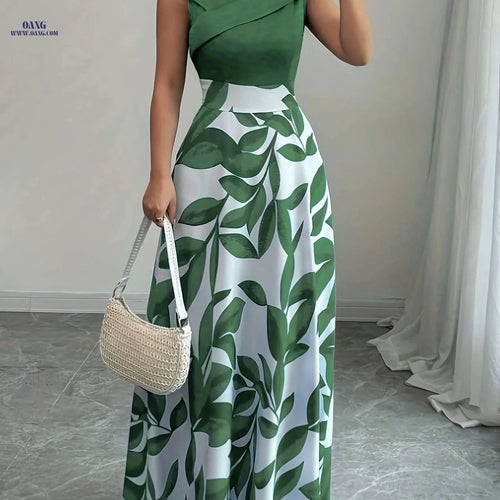 Elegant Floral Print A-Line Maxi Dress with Pockets for Summer   OAXG Blue / S