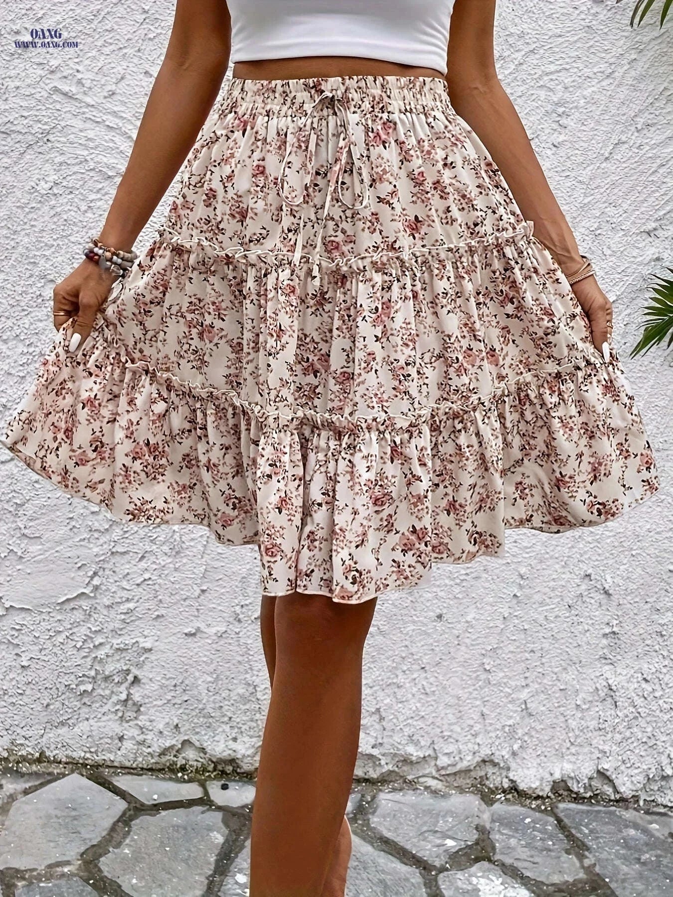 Elegant Floral Print A-Line Skirt for Women – Spring & Summer Wear   OAXG Pink Red / S