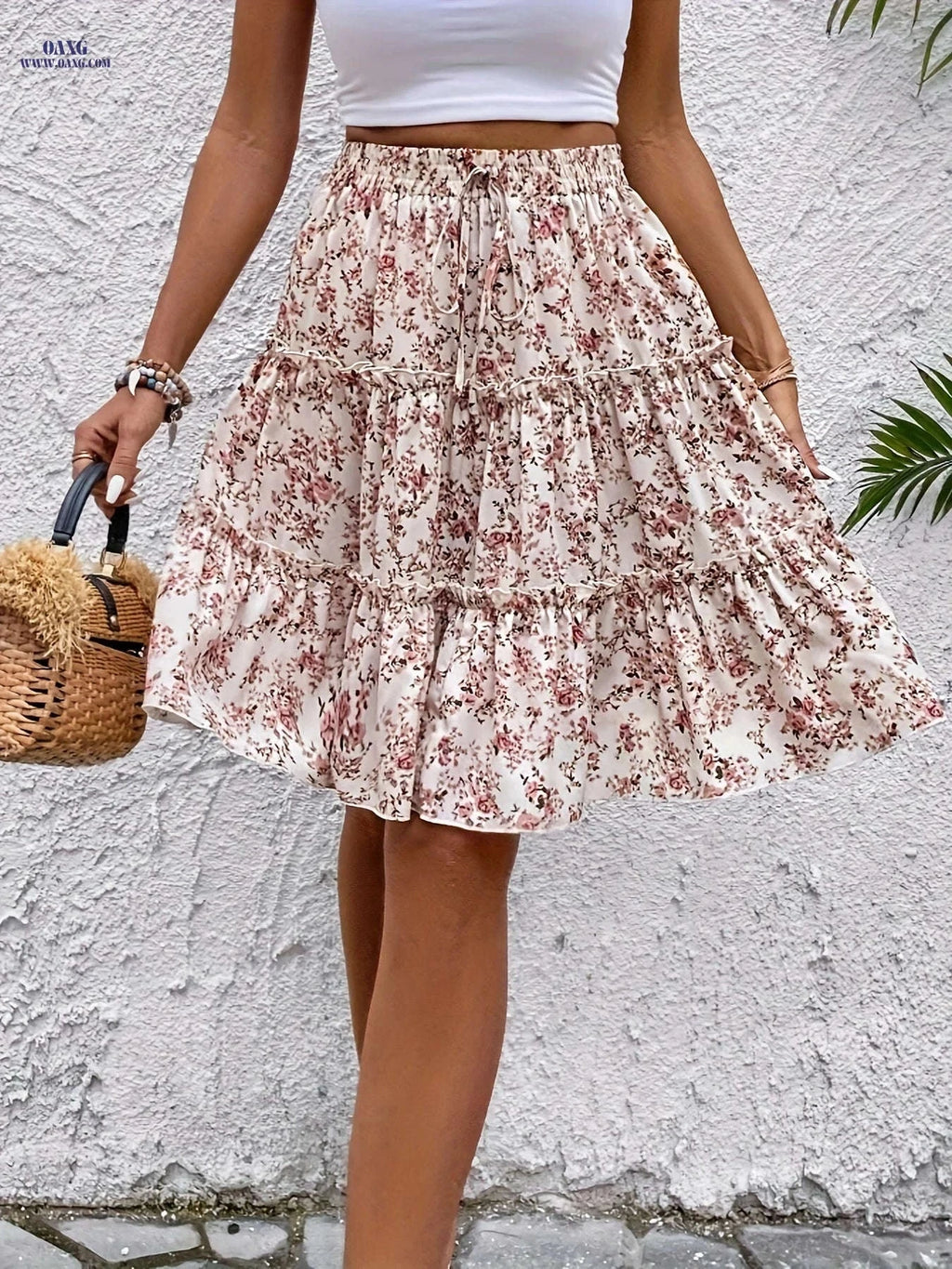 Elegant Floral Print A-Line Skirt for Women – Spring & Summer Wear   OAXG Pink Red / S