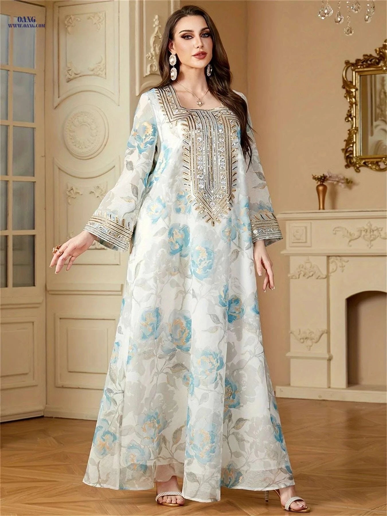 Elegant Floral Print Abaya for Women - Loose Kaftan Dress   OAXG White / M