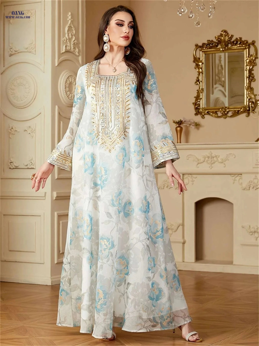 Elegant Floral Print Abaya for Women - Loose Kaftan Dress   OAXG White / M