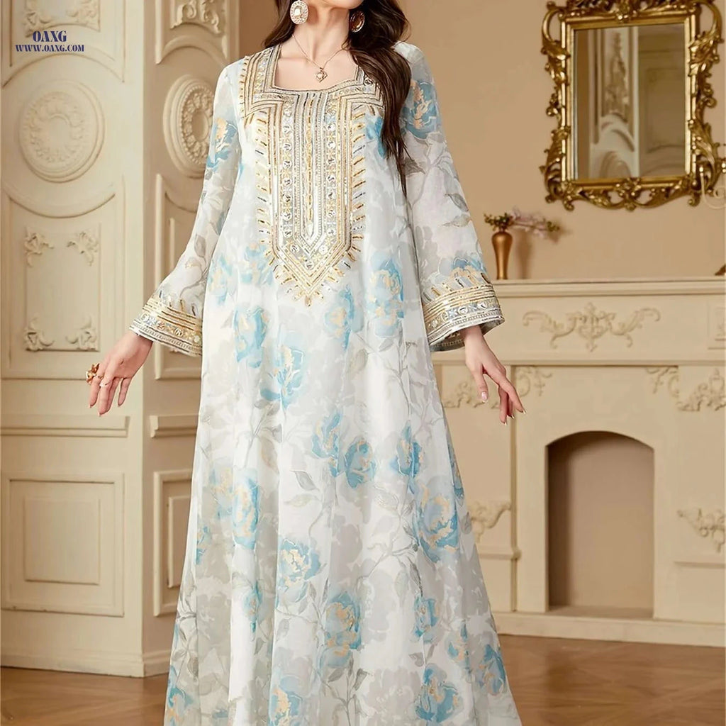 Elegant Floral Print Abaya for Women - Loose Kaftan Dress   OAXG White / M