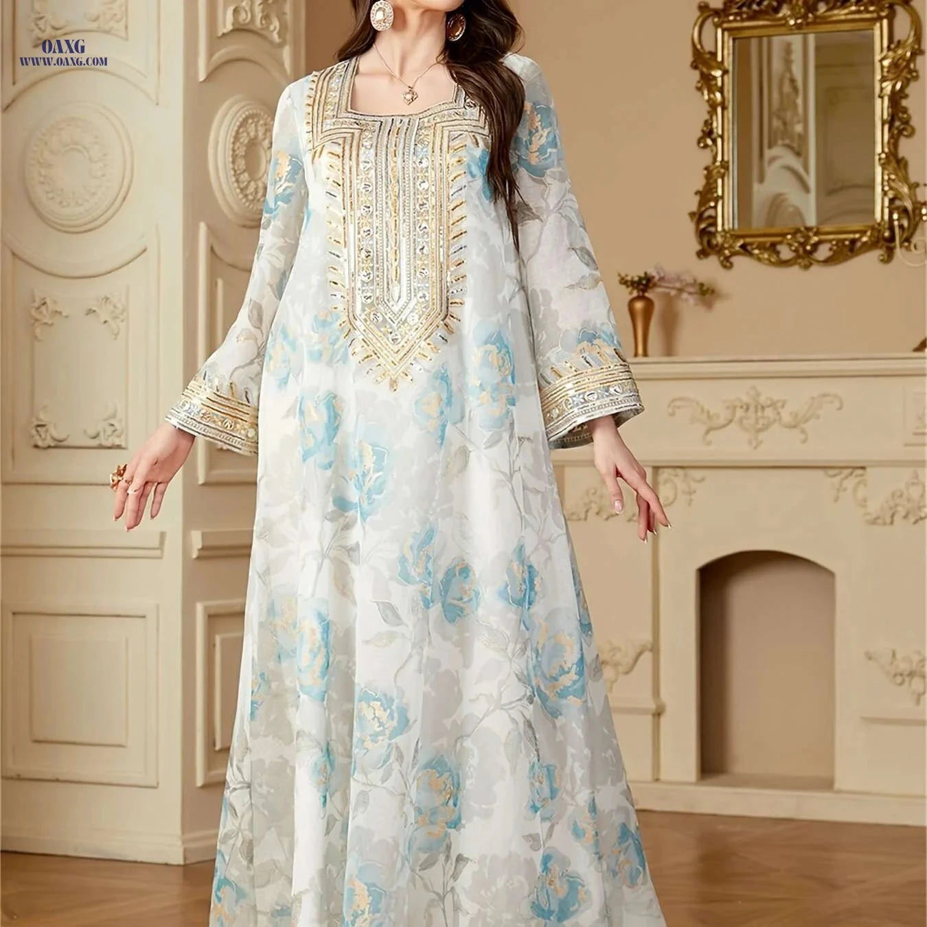 Elegant Floral Print Abaya for Women - Loose Kaftan Dress   OAXG White / M