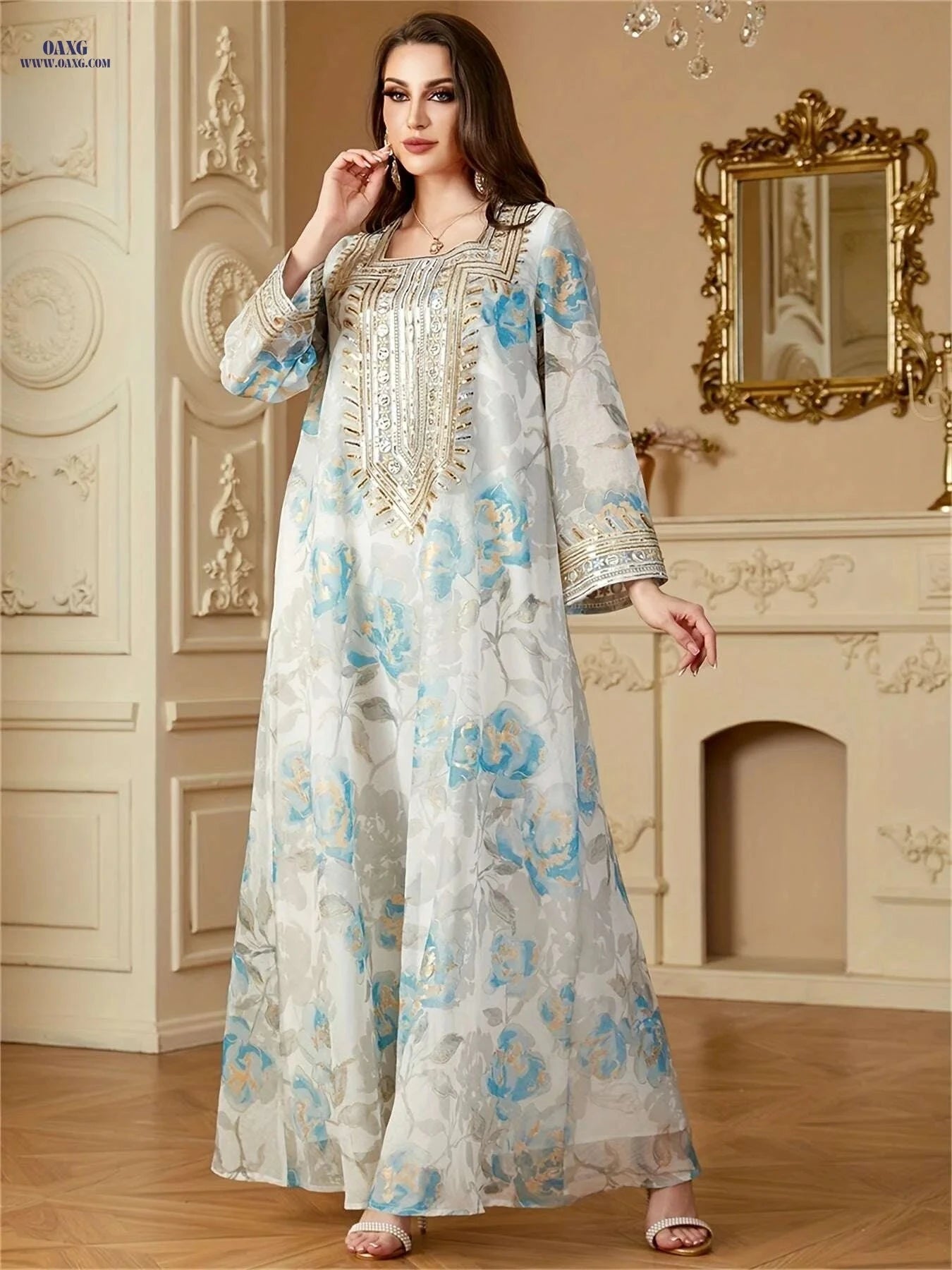 Elegant Floral Print Abaya for Women - Loose Kaftan Dress   OAXG White / M