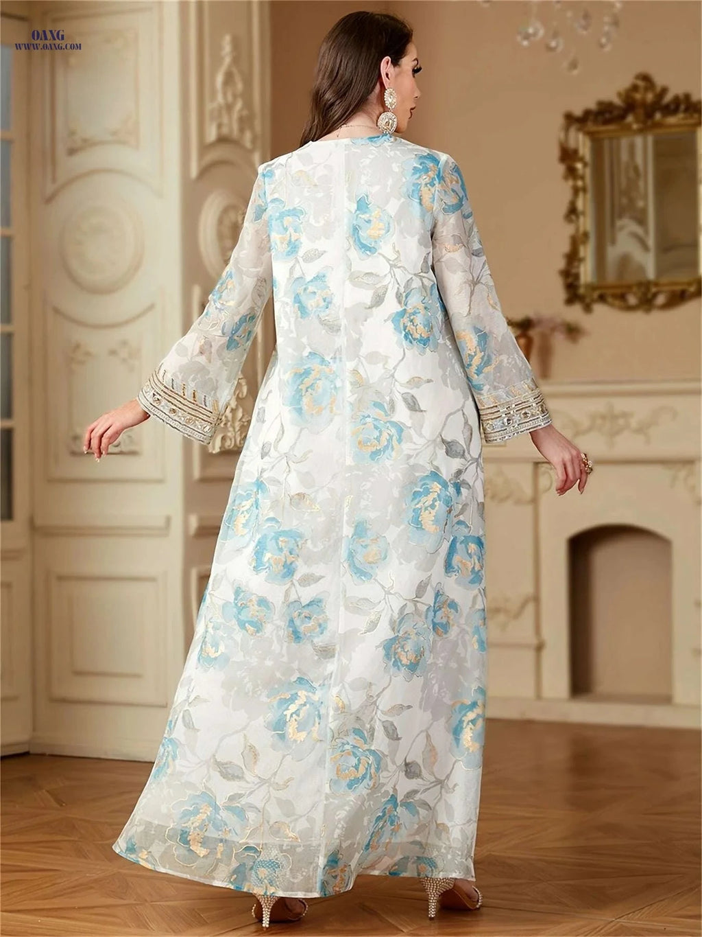 Elegant Floral Print Abaya for Women - Loose Kaftan Dress   OAXG White / M
