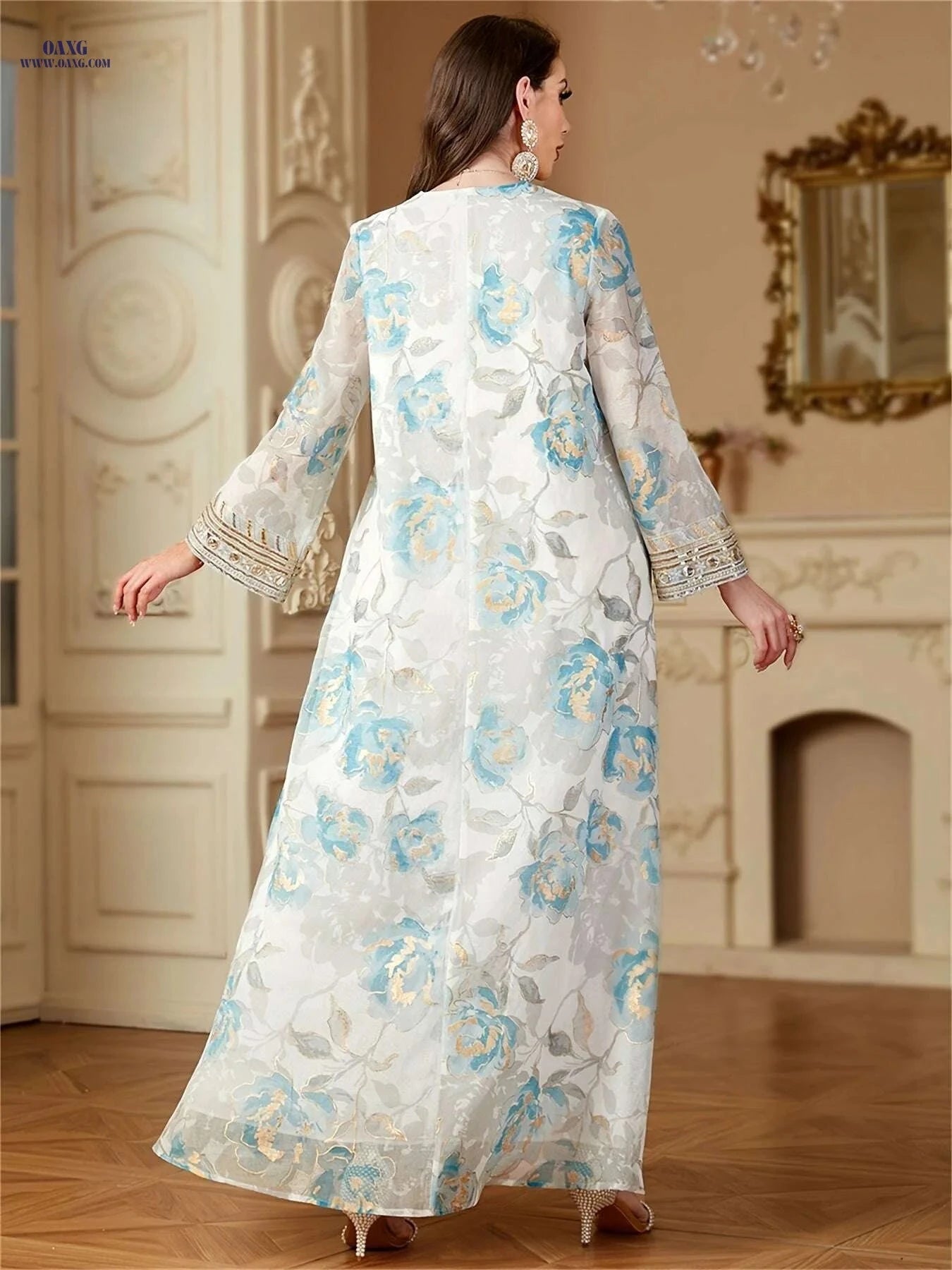 Elegant Floral Print Abaya for Women - Loose Kaftan Dress   OAXG White / M