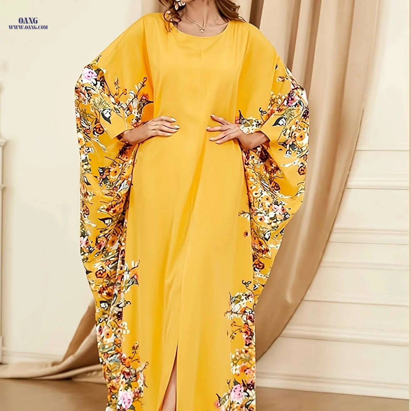 Elegant Floral Print Abaya - Long Sleeveless Dress for Spring/Summer   OAXG Navy Blue / One-size