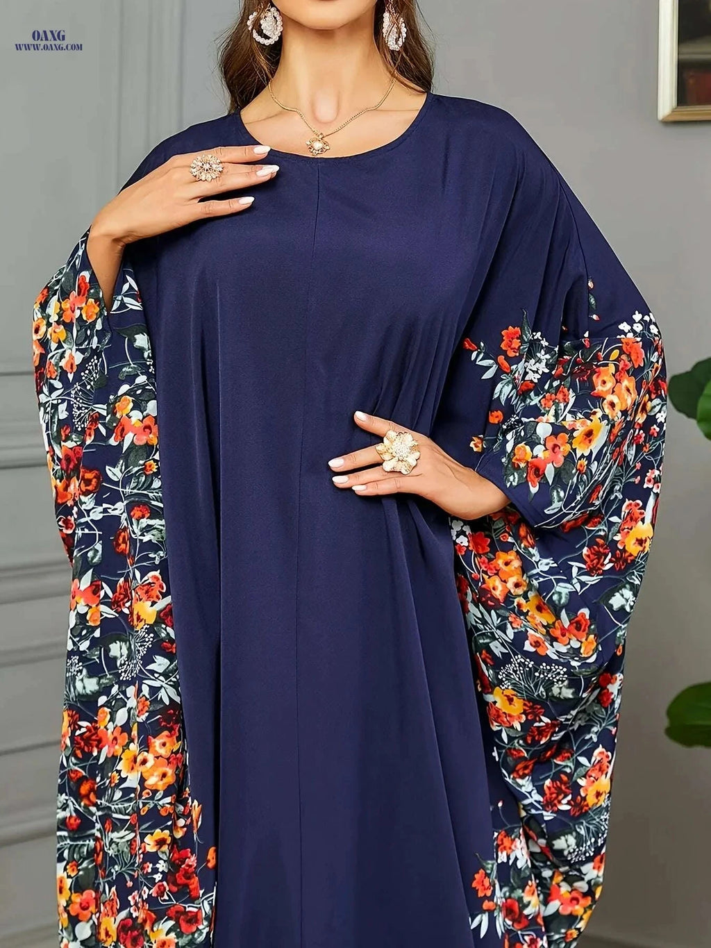 Elegant Floral Print Abaya - Long Sleeveless Dress for Spring/Summer   OAXG Navy Blue / One-size