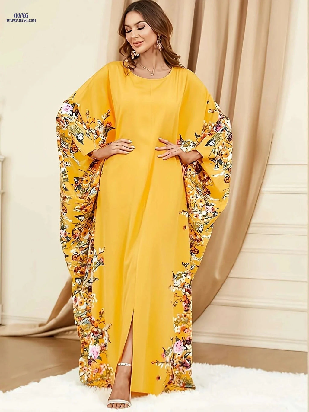 Elegant Floral Print Abaya - Long Sleeveless Dress for Spring/Summer   OAXG Navy Blue / One-size