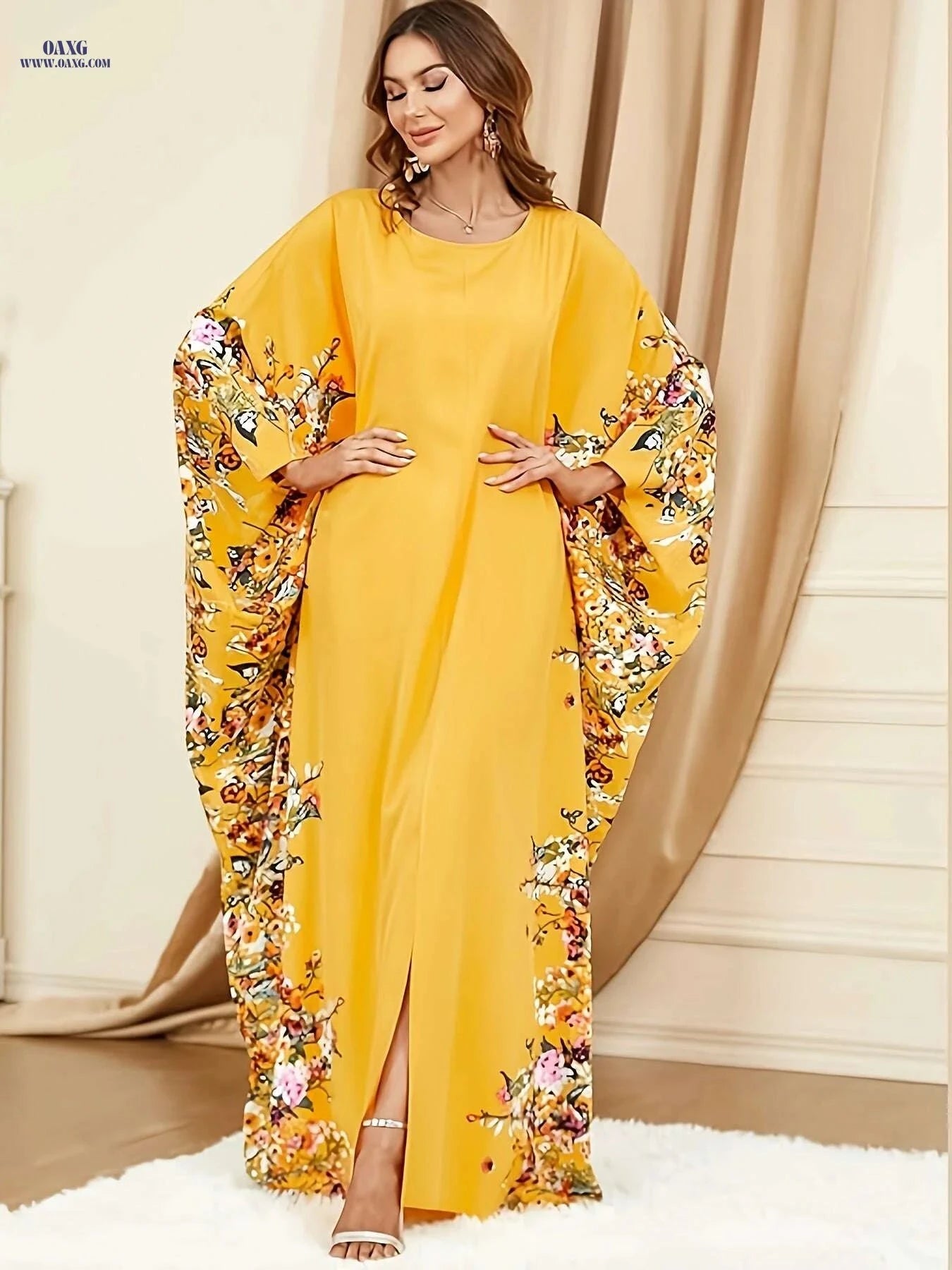Elegant Floral Print Abaya - Long Sleeveless Dress for Spring/Summer   OAXG Navy Blue / One-size