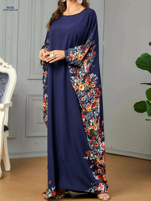 Elegant Floral Print Abaya - Long Sleeveless Dress for Spring/Summer   OAXG Navy Blue / One-size