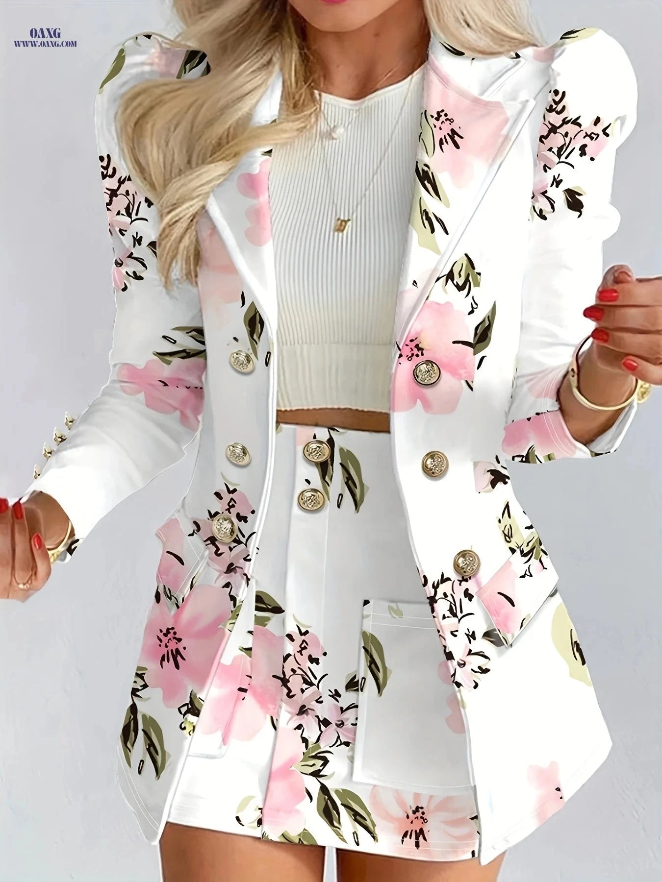 Elegant Floral Print Blazer - Double-Breasted Short Sleeve for Women   OAXG 
