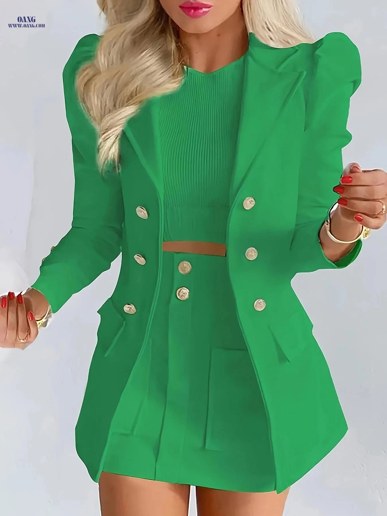 Elegant Floral Print Blazer - Double-Breasted Short Sleeve for Women   OAXG Mineral Green / S