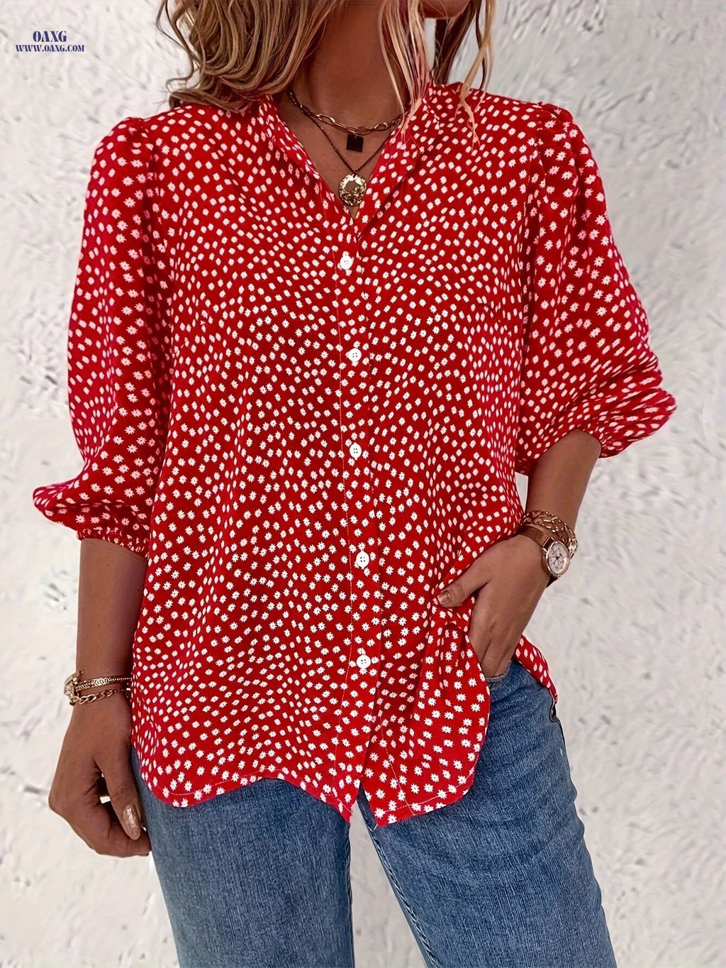 Floral Print Button Front Blouse, Casual Lantern Sleeve Blouse For Spring & Summer, Women's Clothing   OAXG Red / S