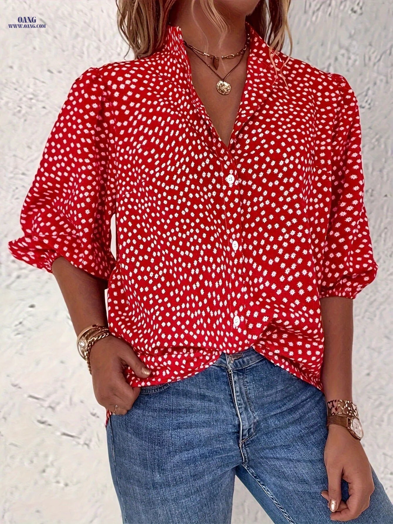 Floral Print Button Front Blouse, Casual Lantern Sleeve Blouse For Spring & Summer, Women's Clothing   OAXG Red / S
