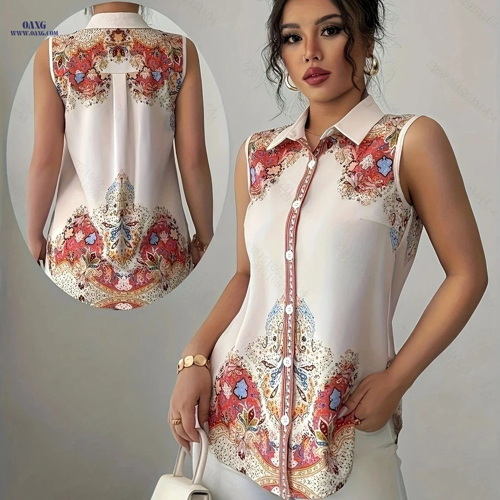 Elegant Floral Print Blouse - Versatile Sleeveless Shirt for Women   OAXG Polychrome / S