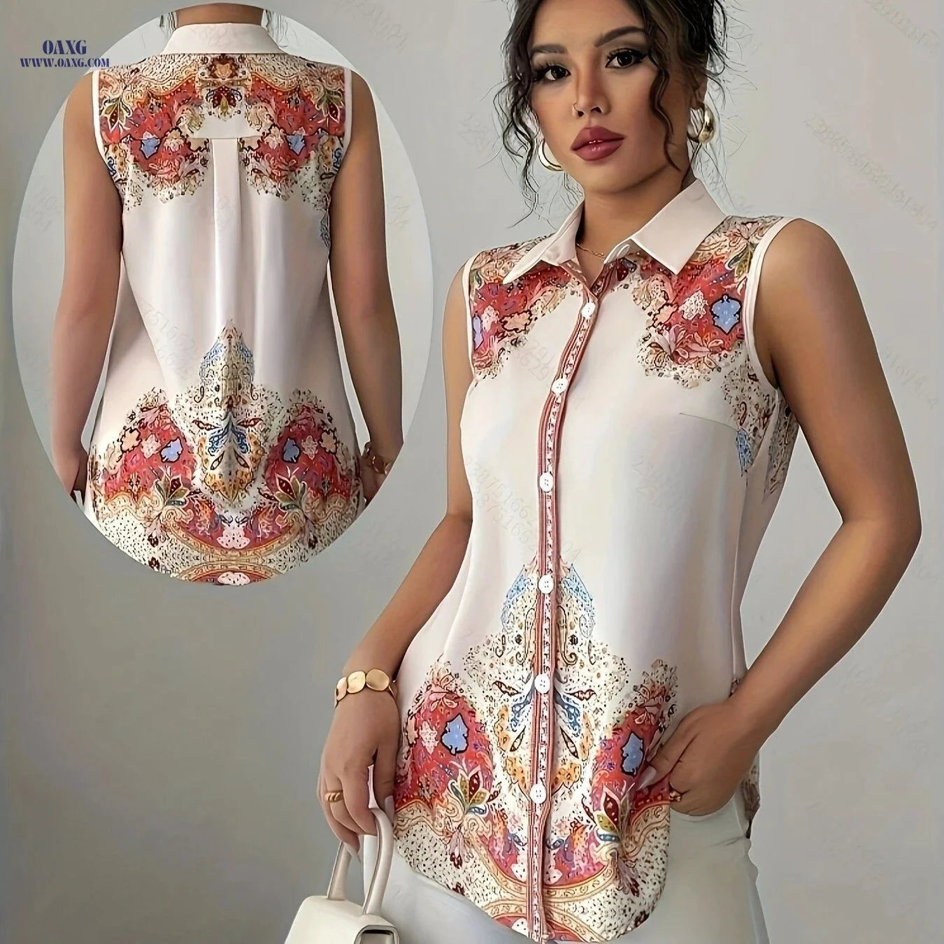 Elegant Floral Print Blouse - Versatile Sleeveless Shirt for Women   OAXG Polychrome / S