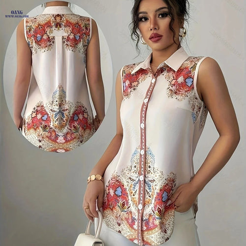 Elegant Floral Print Blouse - Versatile Sleeveless Shirt for Women   OAXG Polychrome / S
