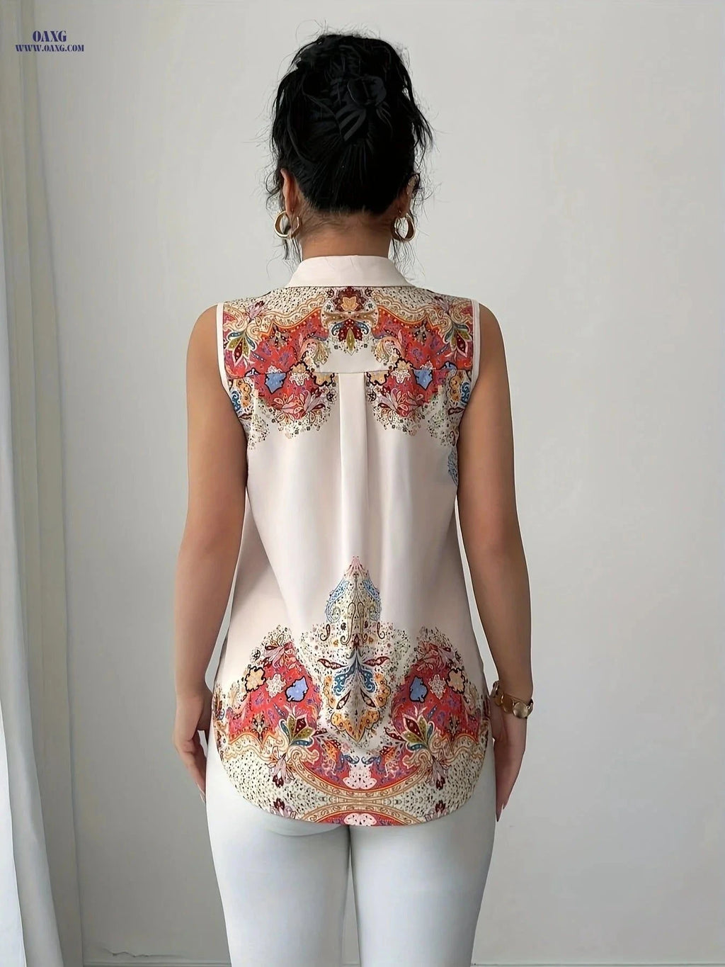 Elegant Floral Print Blouse - Versatile Sleeveless Shirt for Women   OAXG Polychrome / S