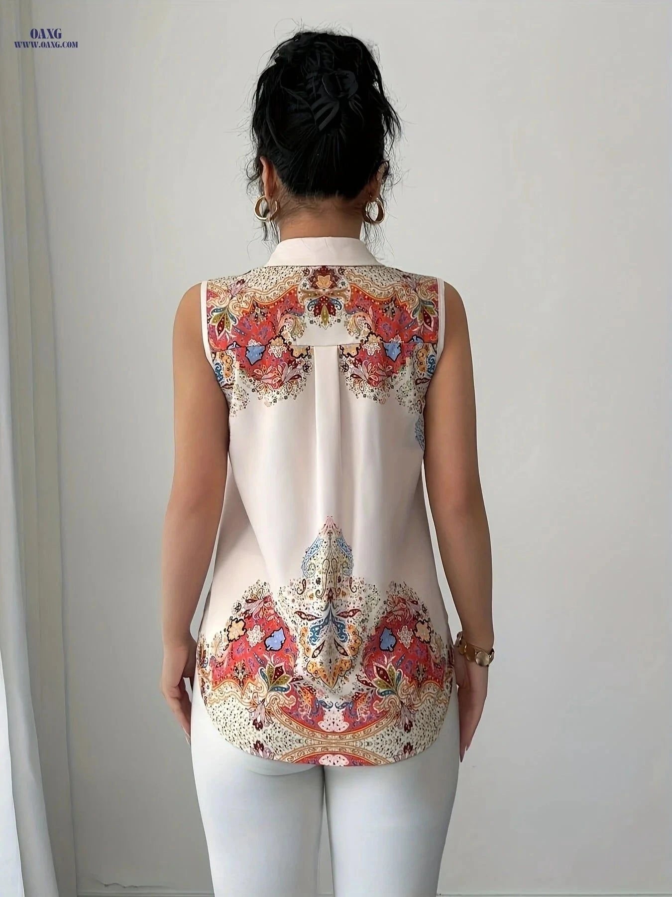 Elegant Floral Print Blouse - Versatile Sleeveless Shirt for Women   OAXG Polychrome / S