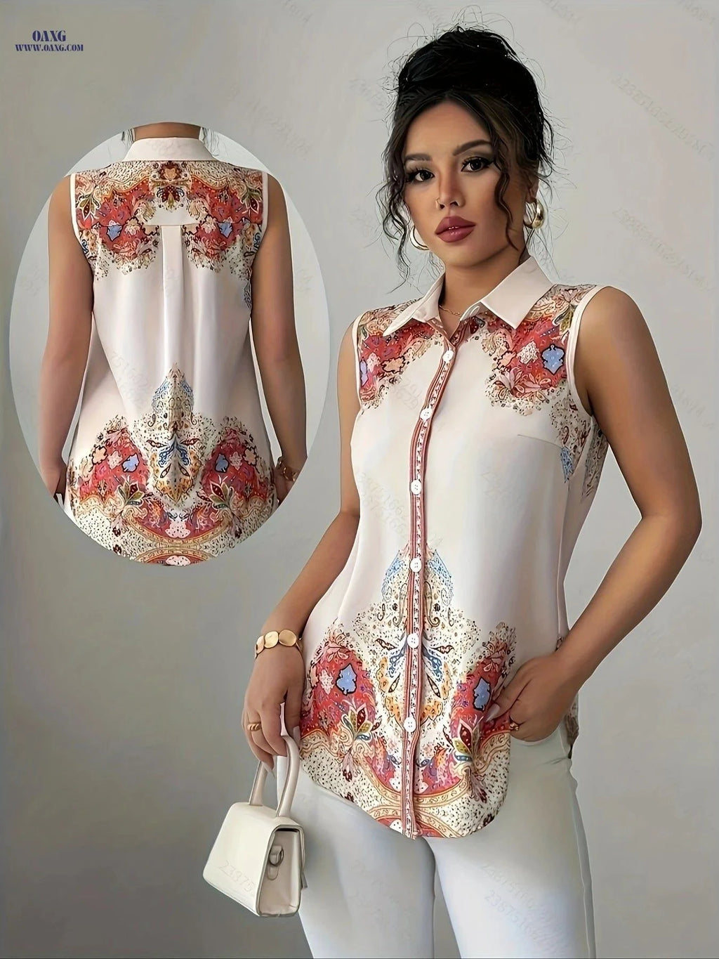 Elegant Floral Print Blouse - Versatile Sleeveless Shirt for Women   OAXG Polychrome / S