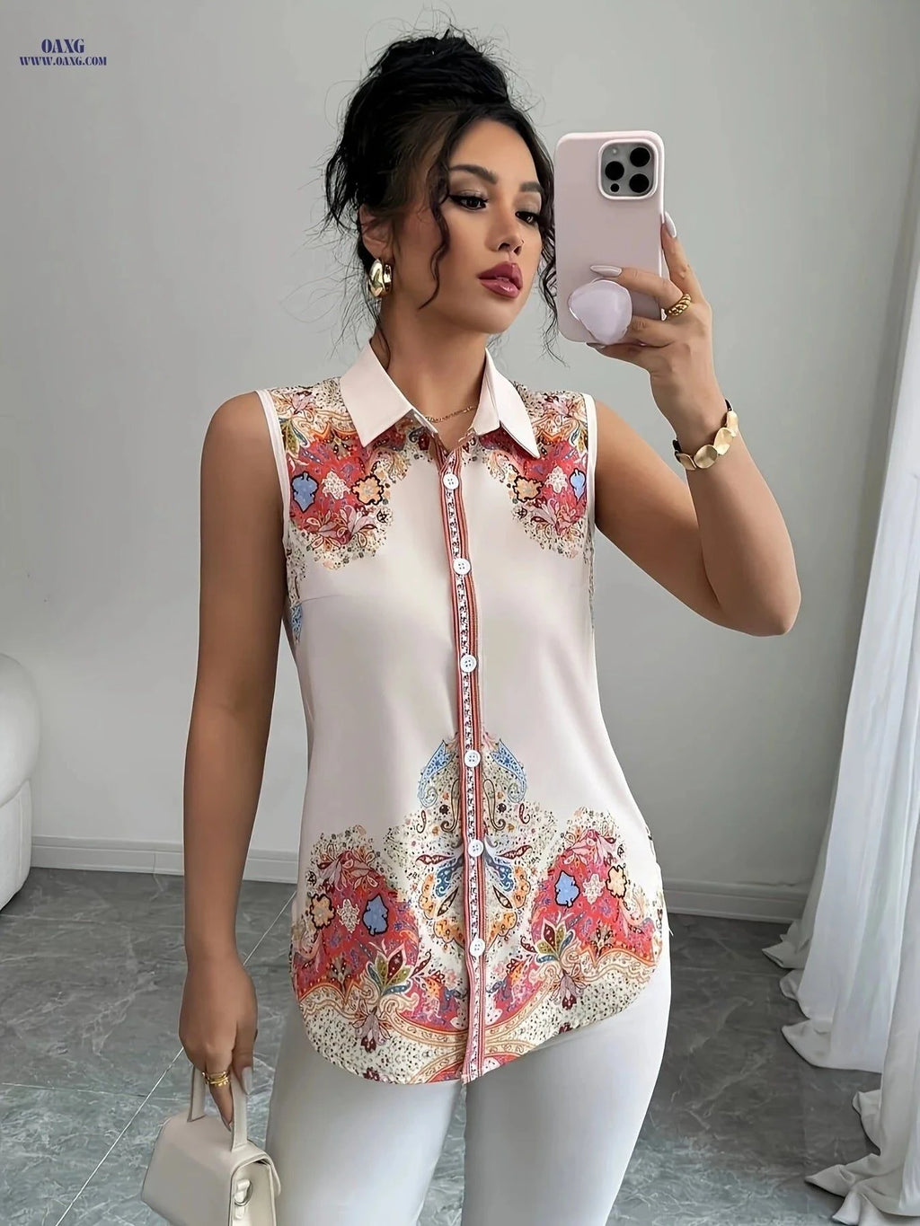 Elegant Floral Print Blouse - Versatile Sleeveless Shirt for Women   OAXG Polychrome / S