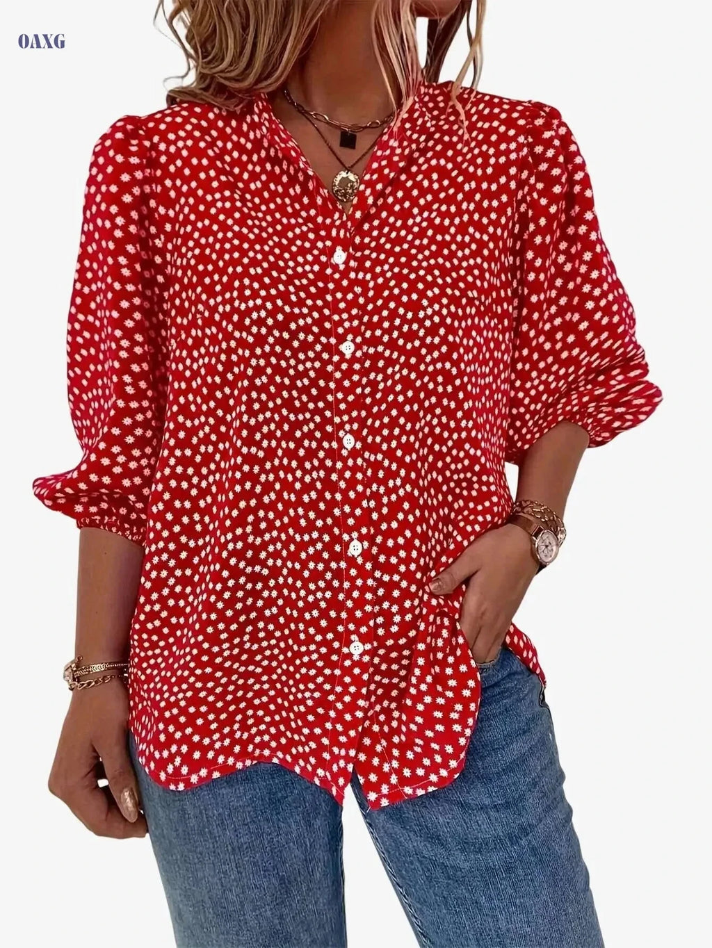 Elegant Floral Print Button Blouse - Casual Lantern Sleeve Top   OAXG 