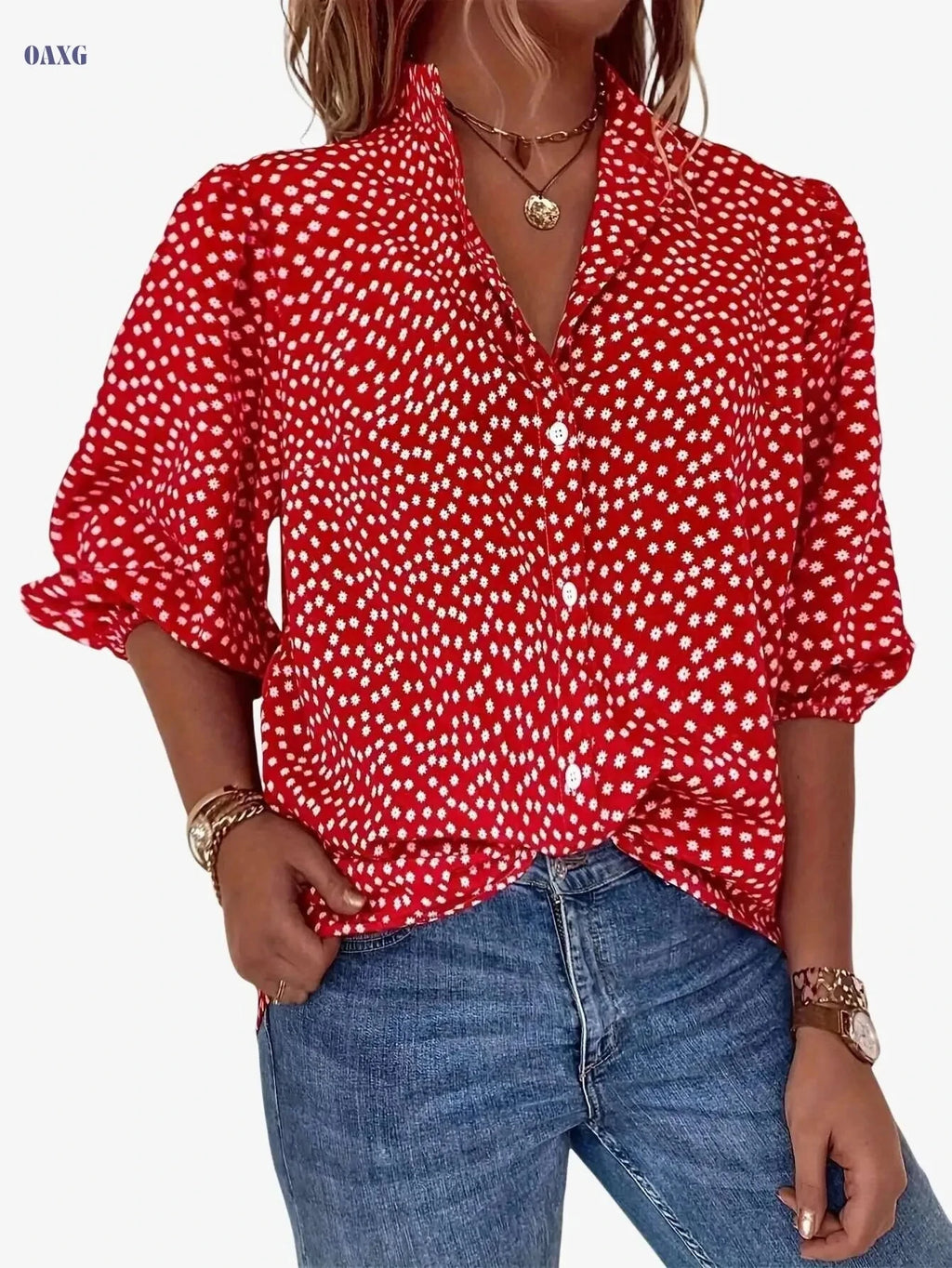 Elegant Floral Print Button Blouse - Casual Lantern Sleeve Top   OAXG 