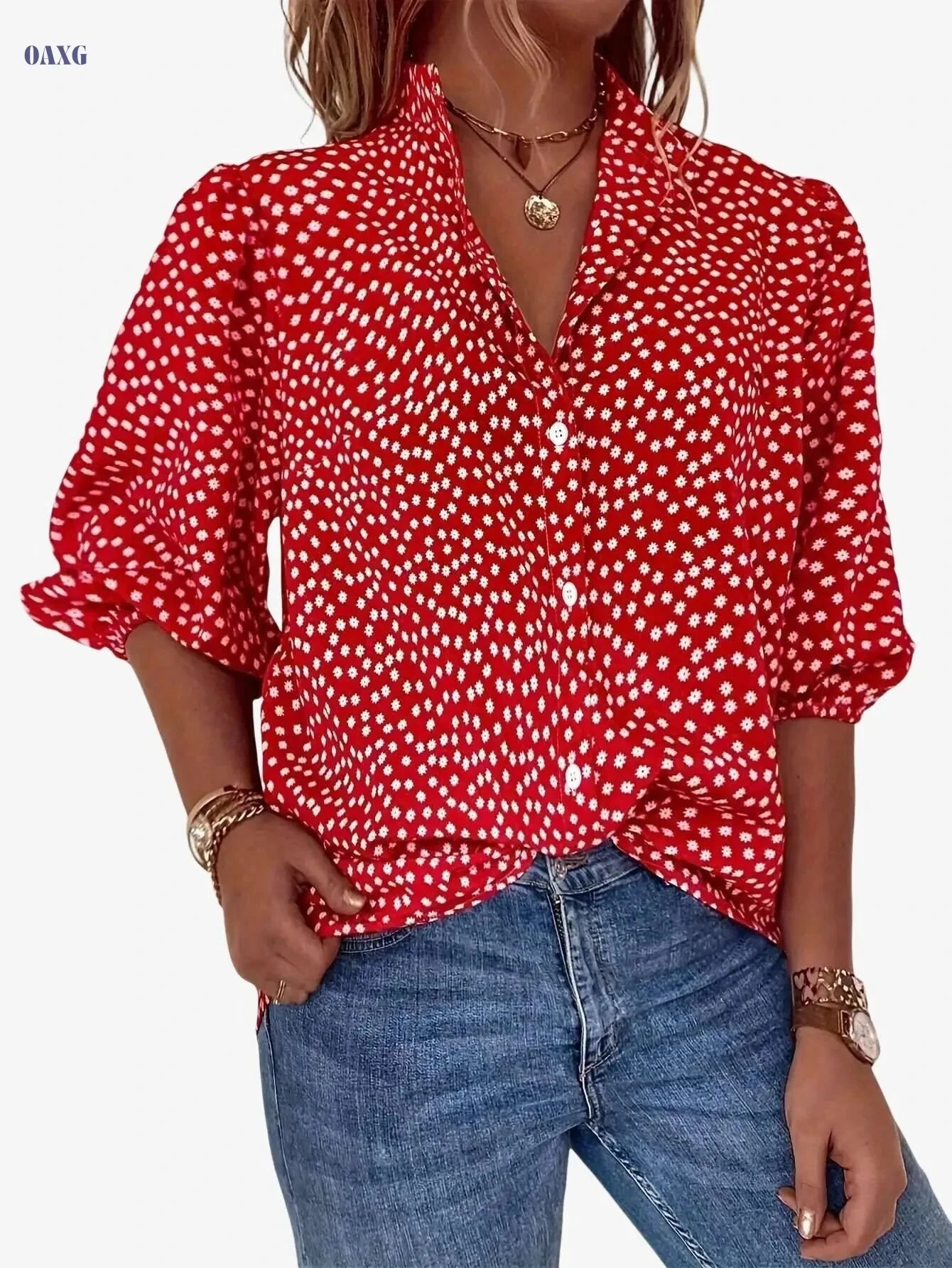 Elegant Floral Print Button Blouse - Casual Lantern Sleeve Top   OAXG 