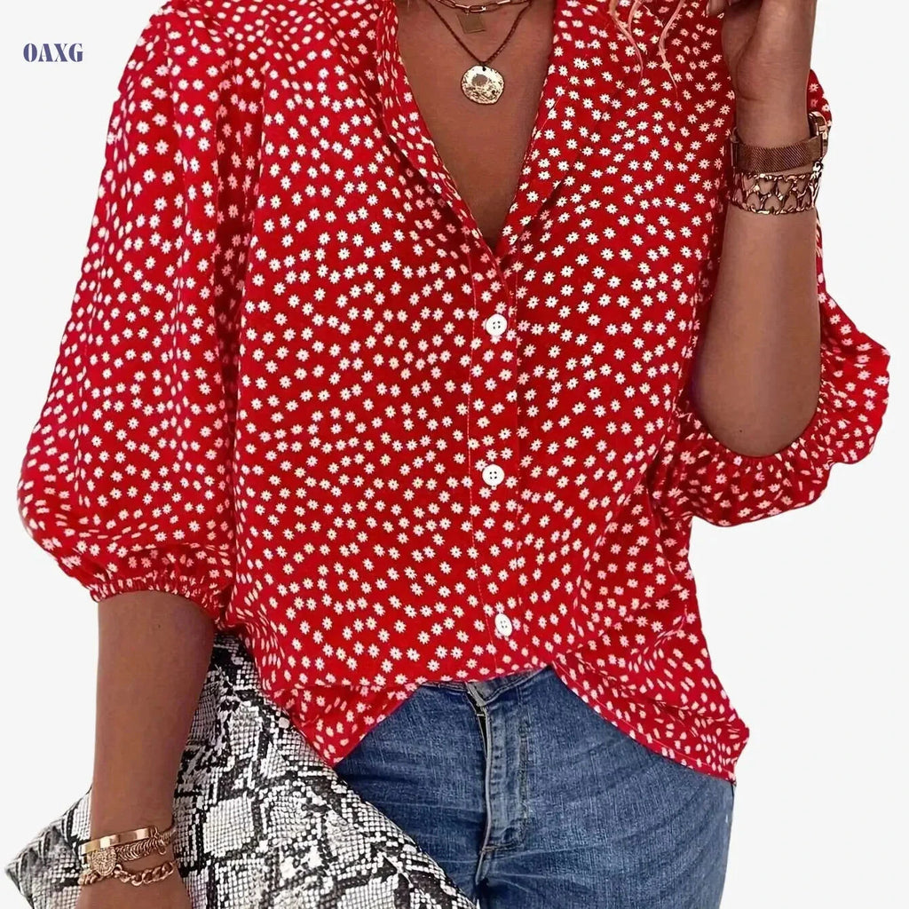 Elegant Floral Print Button Blouse - Casual Lantern Sleeve Top   OAXG Red / S