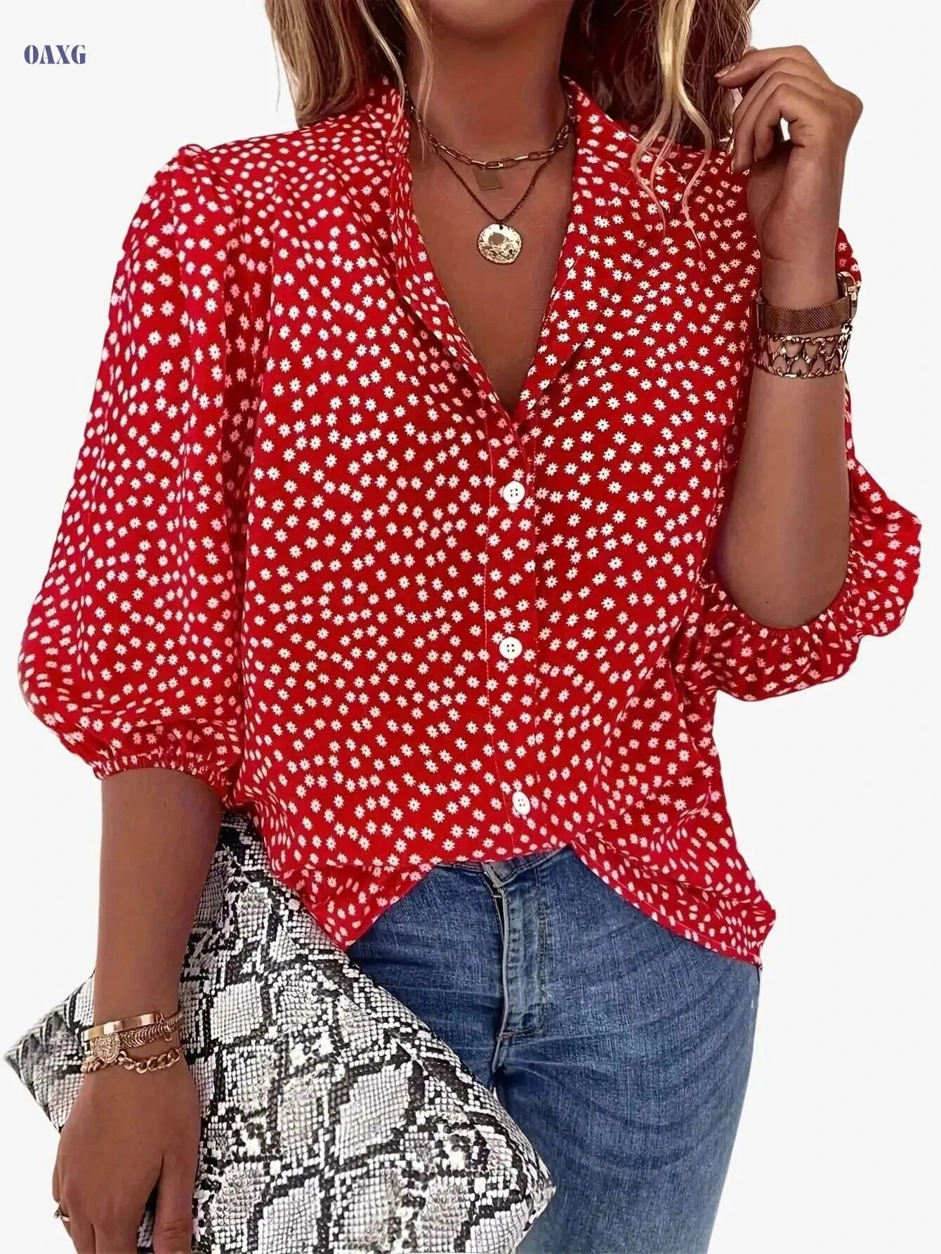 Elegant Floral Print Button Blouse - Casual Lantern Sleeve Top   OAXG Red / S