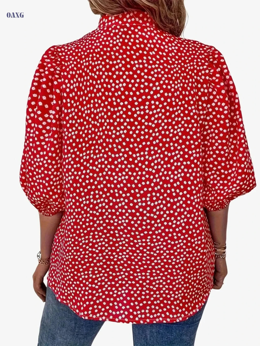 Elegant Floral Print Button Blouse - Casual Lantern Sleeve Top   OAXG Red / S