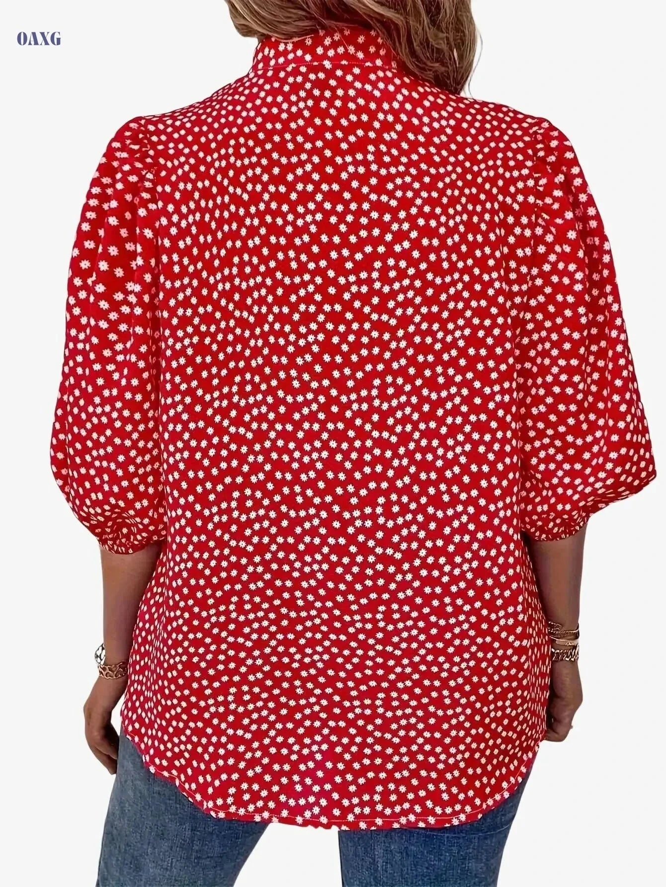 Elegant Floral Print Button Blouse - Casual Lantern Sleeve Top   OAXG Red / S