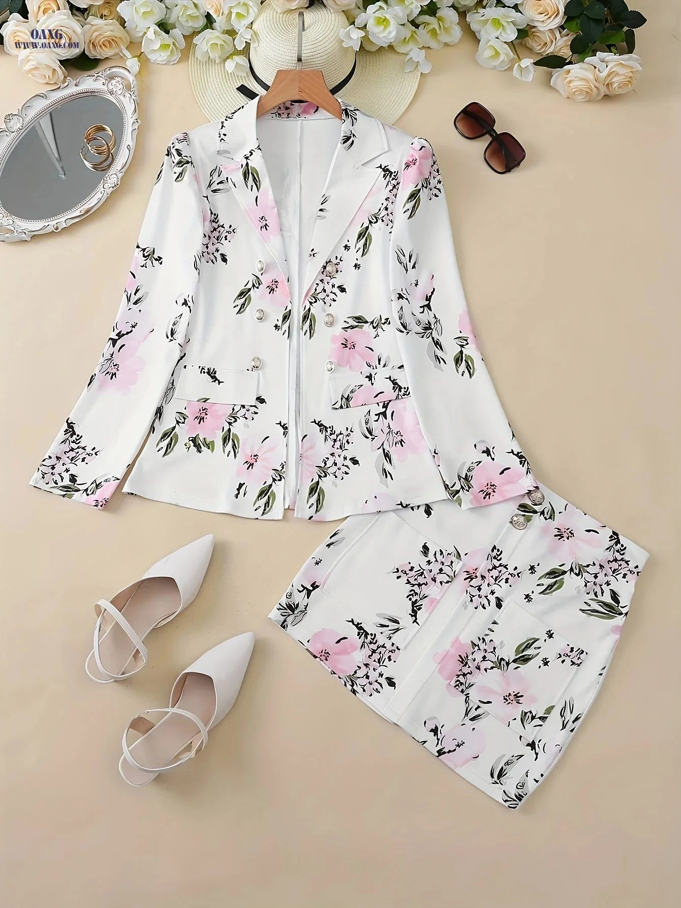 Elegant Floral Print Button Front Skirt Set - Women's Spring Style   OAXG White / S