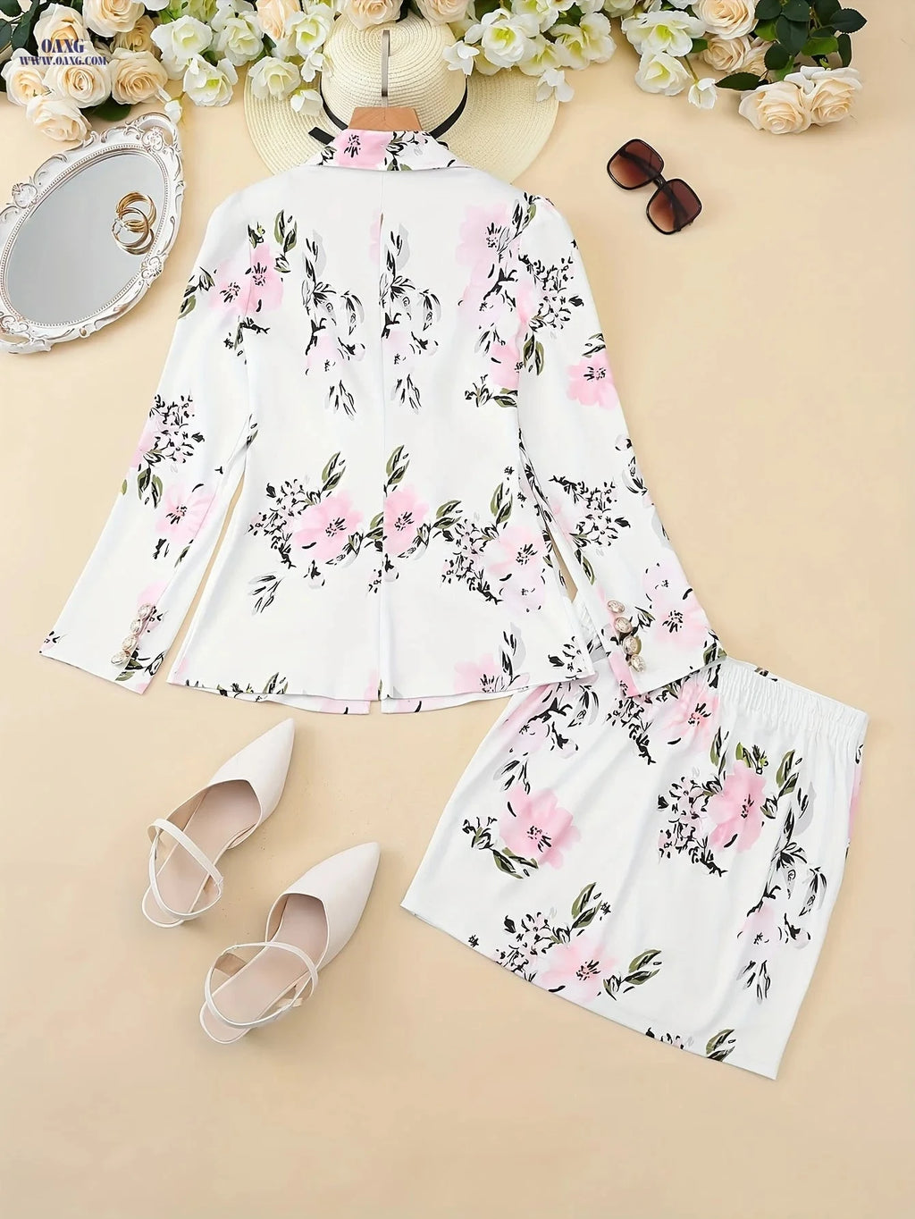 Elegant Floral Print Button Front Skirt Set - Women's Spring Style   OAXG White / S