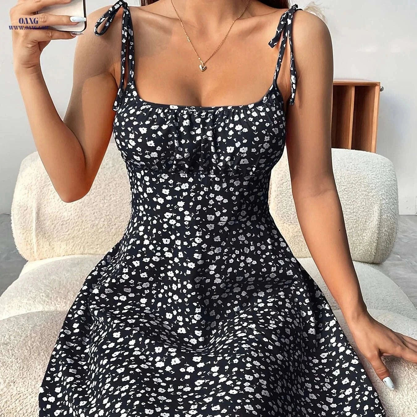Elegant Floral Print Cami Dress - Sleeveless Midi for Women   OAXG Black / XS