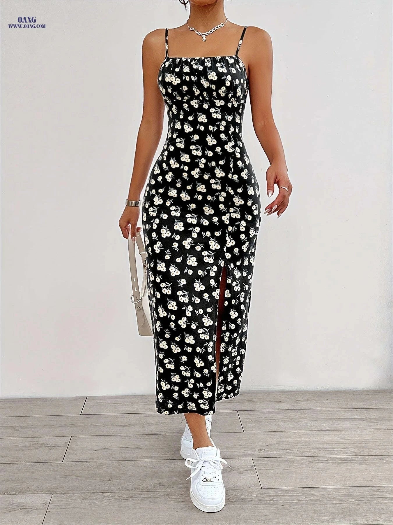 Elegant Floral Print Cami Dress - Sleeveless Spaghetti Strap for Summer   OAXG Black And White Flowers / XS