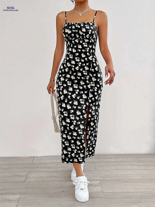Elegant Floral Print Cami Dress - Sleeveless Spaghetti Strap for Summer   OAXG Black And White Flowers / XS