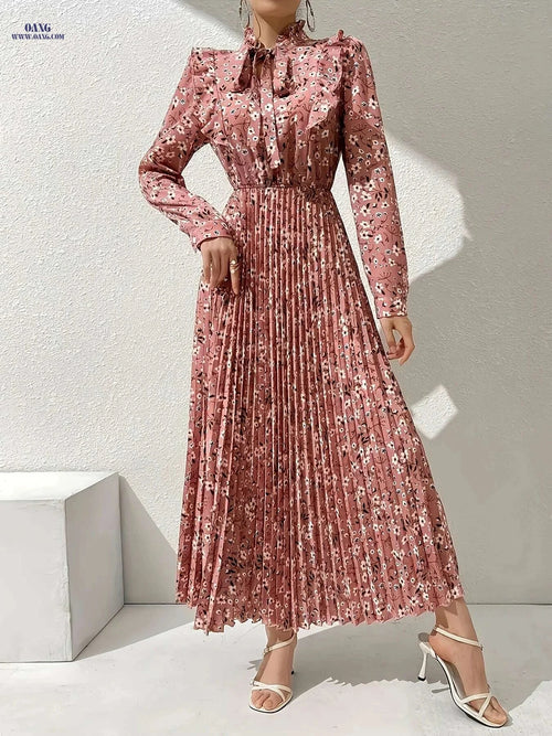 Elegant Floral Print Cheongsam Dress - Ruffle Detail & Swing Skirt   OAXG 