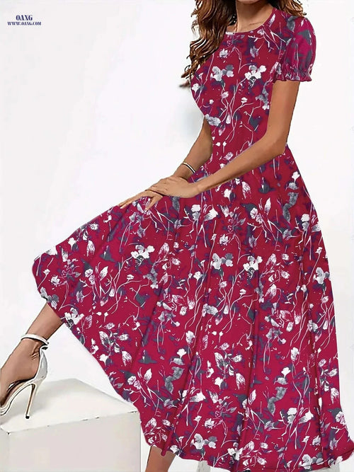 Elegant Floral Print Crew Neck Dress - Women's Short Sleeve Style   OAXG 