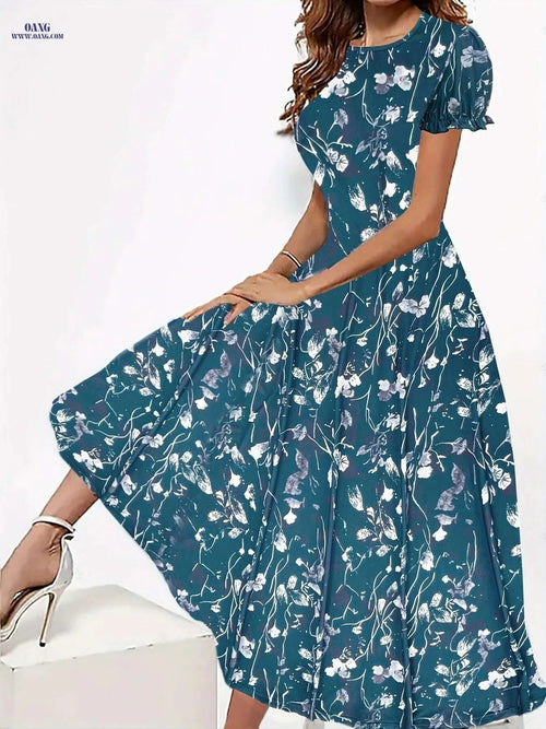 Elegant Floral Print Crew Neck Dress - Women's Short Sleeve Style   OAXG 