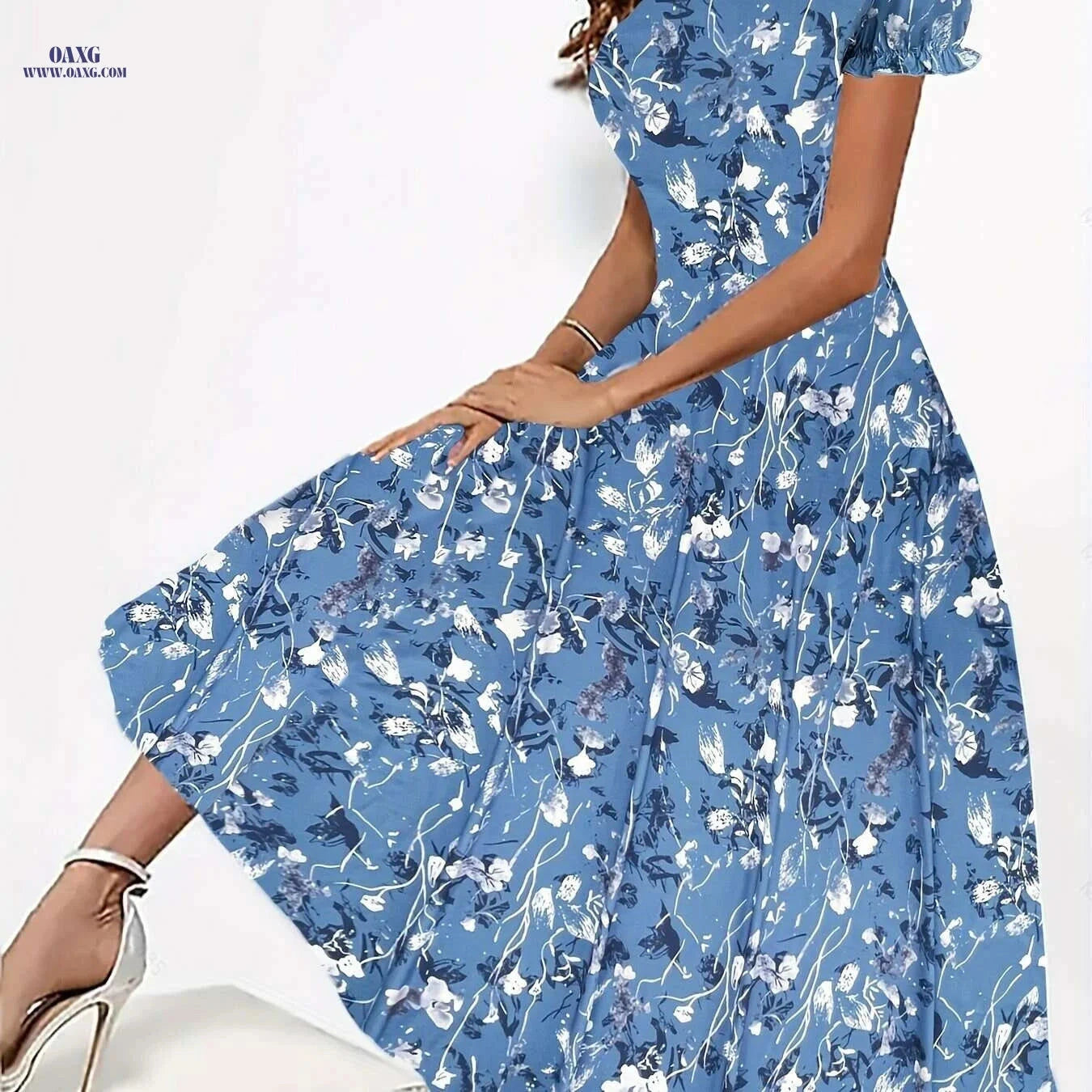Elegant Floral Print Crew Neck Dress - Women's Short Sleeve Style   OAXG 
