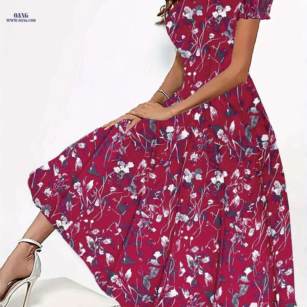 Elegant Floral Print Crew Neck Dress - Women's Short Sleeve Style   OAXG The color of rouge / S