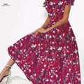 Elegant Floral Print Crew Neck Dress - Women's Short Sleeve Style   OAXG The color of rouge / S