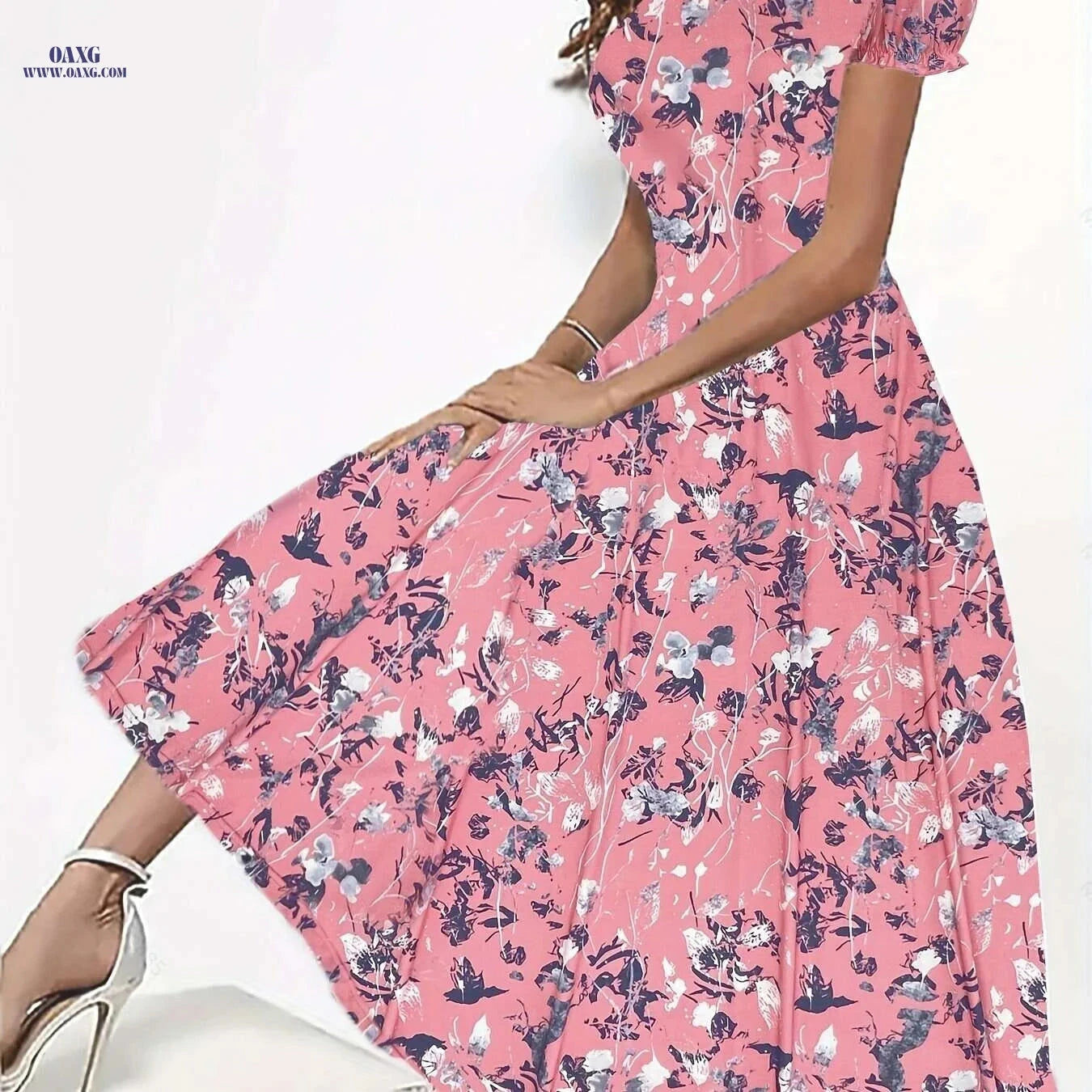 Elegant Floral Print Crew Neck Dress - Women's Short Sleeve Style   OAXG The color of rouge / S